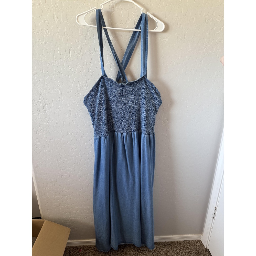 Jessica London Dress Womens 26/28 Denim Blue Maxi Smocked Crossback Boho Chic